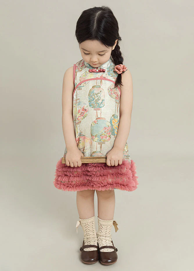 Lovely Pink Print Tulle Patchwork Girls Mid Dress Summer - Image 4