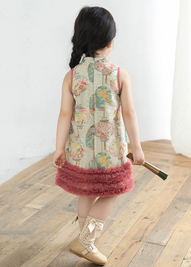 Lovely Pink Print Tulle Patchwork Girls Mid Dress Summer - Image 5
