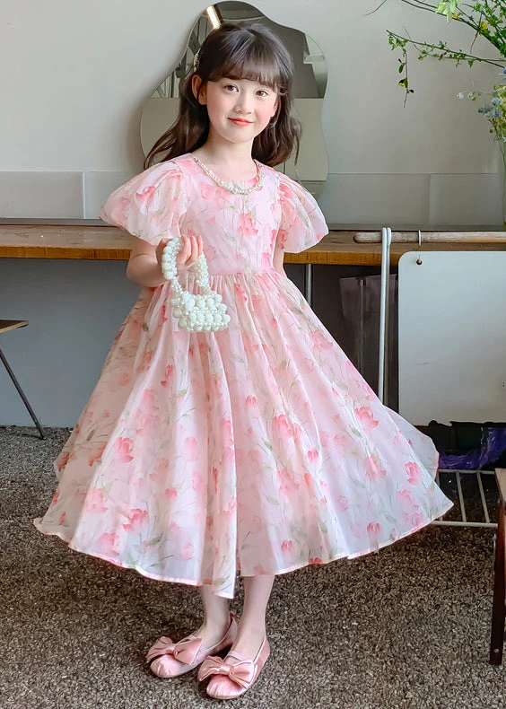 Lovely Pink Print Wrinkled Chiffon Girls Long Dress Short Sleeve - Image 2