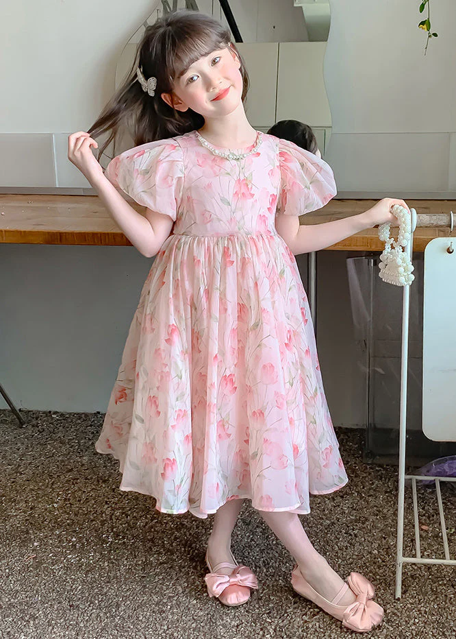 Lovely Pink Print Wrinkled Chiffon Girls Long Dress Short Sleeve - Image 3