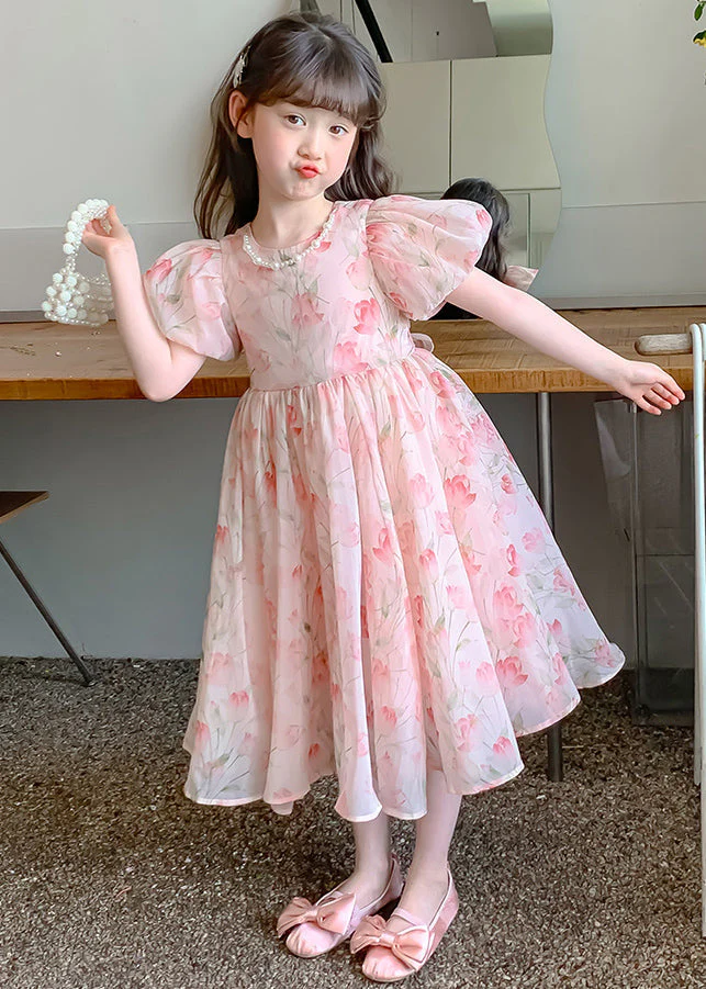 Lovely Pink Print Wrinkled Chiffon Girls Long Dress Short Sleeve - Image 4