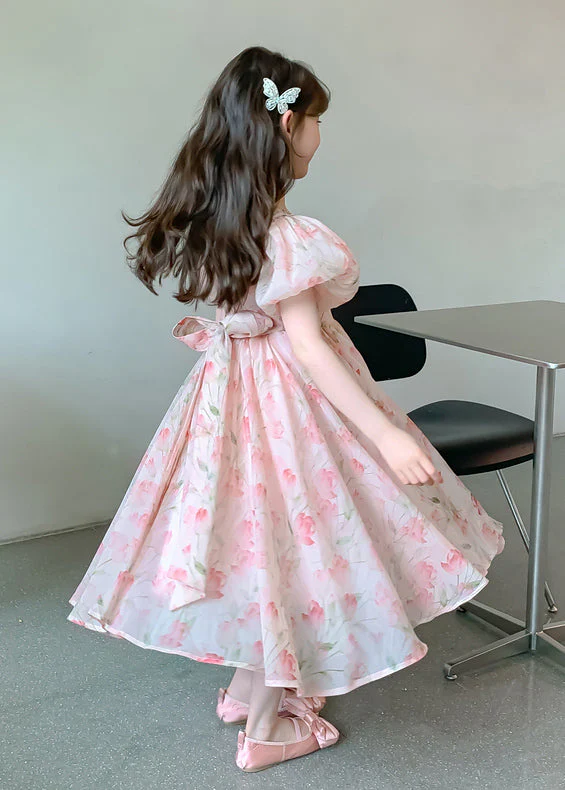 Lovely Pink Print Wrinkled Chiffon Girls Long Dress Short Sleeve - Image 5