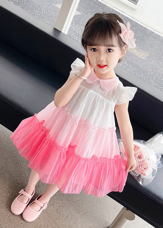 Lovely Pink Ruffled Patchwork Tulle Kids Layered Maxi Dresses Sleeveless - Image 2
