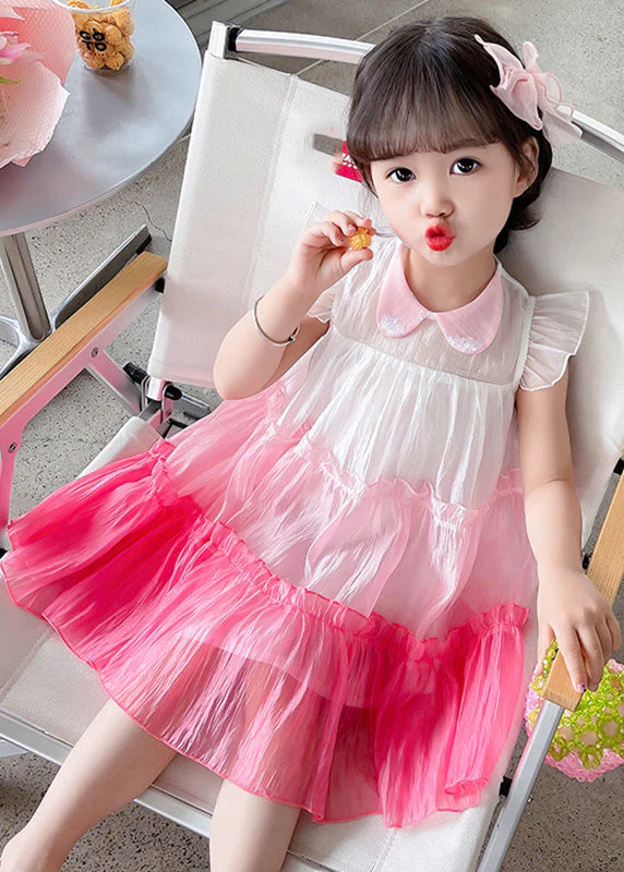 Lovely Pink Ruffled Patchwork Tulle Kids Layered Maxi Dresses Sleeveless - Image 3