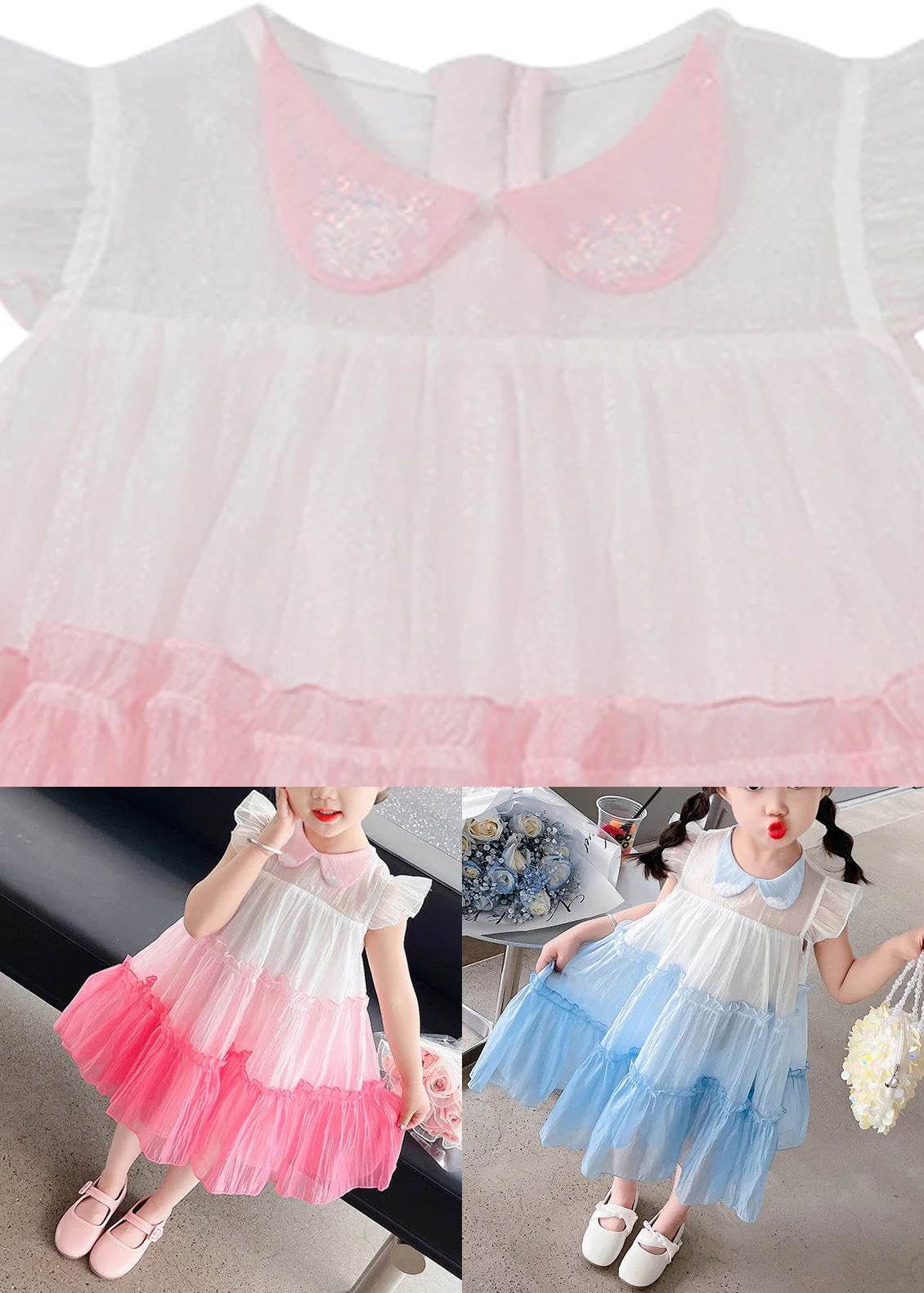 Lovely Pink Ruffled Patchwork Tulle Kids Layered Maxi Dresses Sleeveless - Image 4