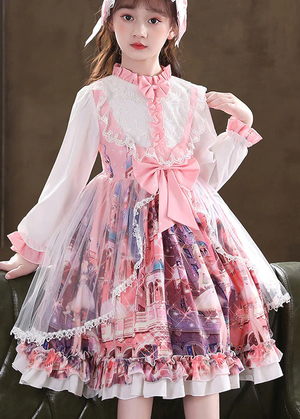 Lovely Pink Ruffled Print Bow Patchwork Tulle Kids Girls Dress Fall - Image 2