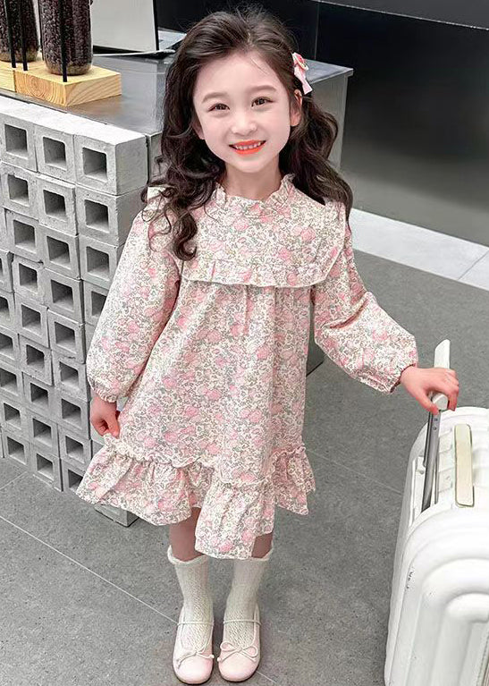 Lovely Pink Ruffled Print Cotton Girls Long Dress Fall - Image 2
