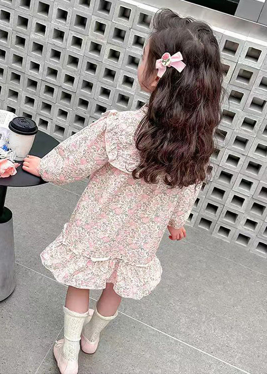 Lovely Pink Ruffled Print Cotton Girls Long Dress Fall - Image 5