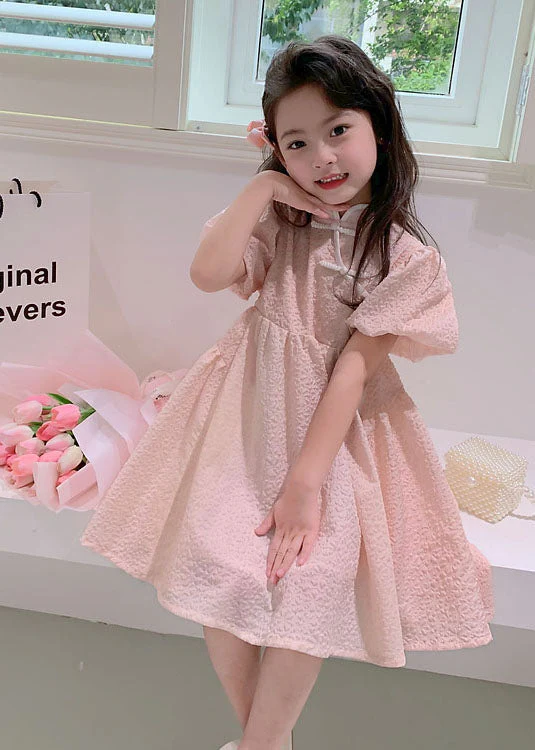 Lovely Pink Stand Collar Button Patchwork Cotton Kids Girls Dresses Summer - Image 2
