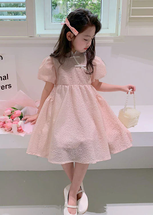 Lovely Pink Stand Collar Button Patchwork Cotton Kids Girls Dresses Summer - Image 3
