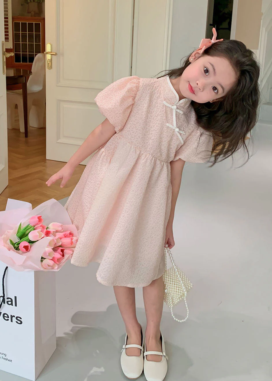 Lovely Pink Stand Collar Button Patchwork Cotton Kids Girls Dresses Summer - Image 4