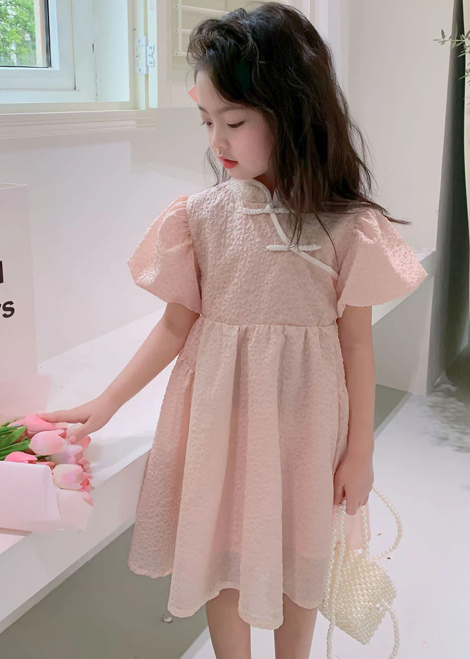 Lovely Pink Stand Collar Button Patchwork Cotton Kids Girls Dresses Summer - Image 5