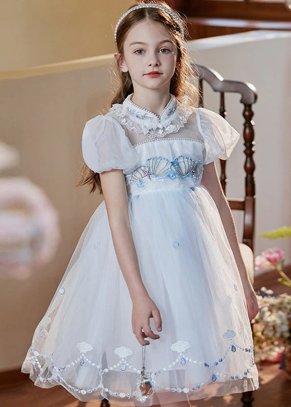 Lovely Pink Stand Collar Embroideried Lace Patchwork Tulle Baby Girls Mid Dress Short Sleeve - Image 2