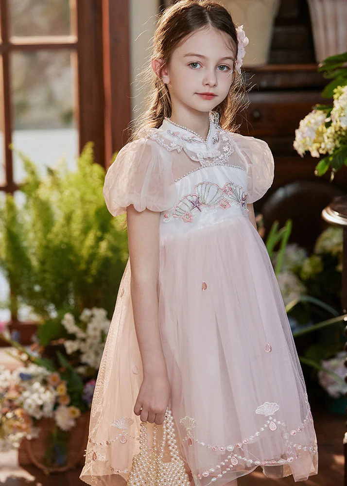 Lovely Pink Stand Collar Embroideried Lace Patchwork Tulle Baby Girls Mid Dress Short Sleeve - Image 3
