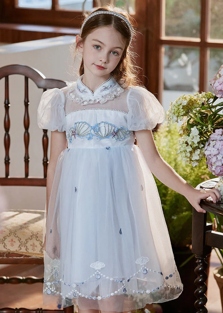 Lovely Pink Stand Collar Embroideried Lace Patchwork Tulle Baby Girls Mid Dress Short Sleeve - Image 4