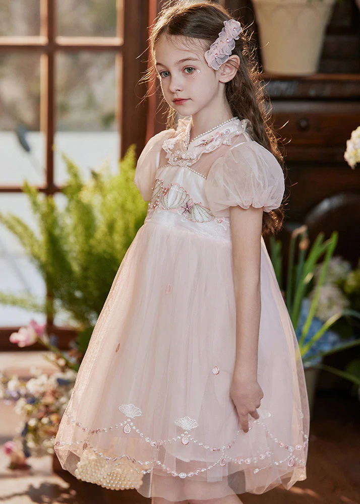 Lovely Pink Stand Collar Embroideried Lace Patchwork Tulle Baby Girls Mid Dress Short Sleeve - Image 5