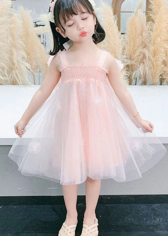 Lovely Pink Wrinkled Patchwork Tulle Kids Girls Dresses Summer - Image 2