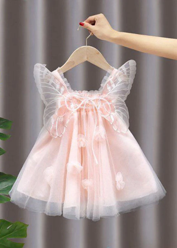Lovely Pink Wrinkled Patchwork Tulle Kids Girls Dresses Summer - Image 3