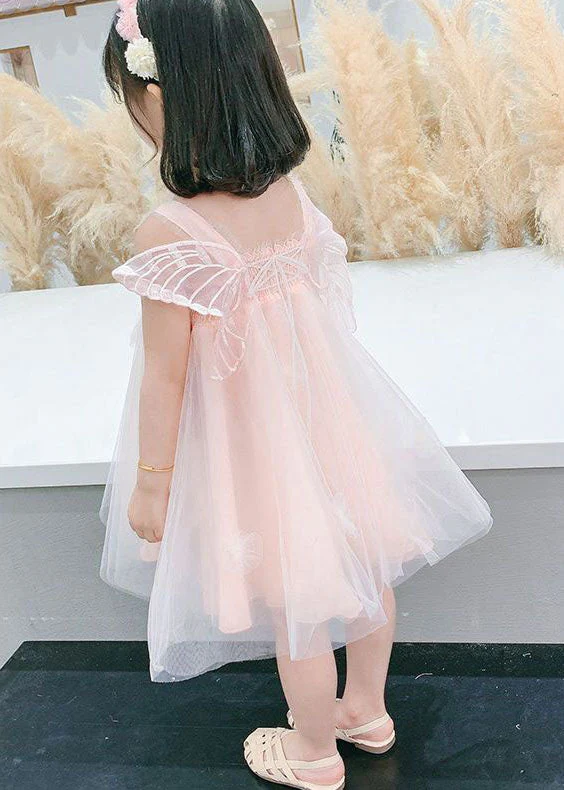 Lovely Pink Wrinkled Patchwork Tulle Kids Girls Dresses Summer - Image 4