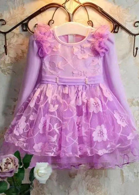Lovely Purple Embroideried Patchwork Tulle Kids Long Dress Long Sleeve - Image 2