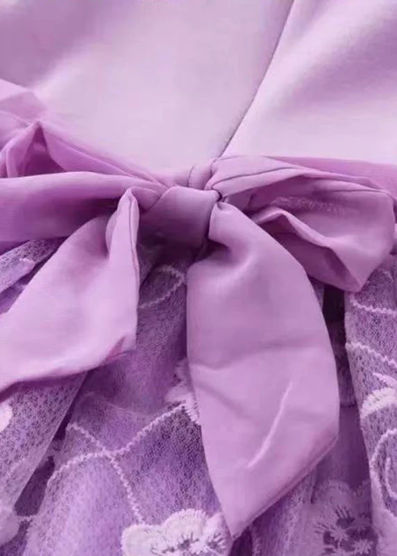 Lovely Purple Embroideried Patchwork Tulle Kids Long Dress Long Sleeve - Image 3