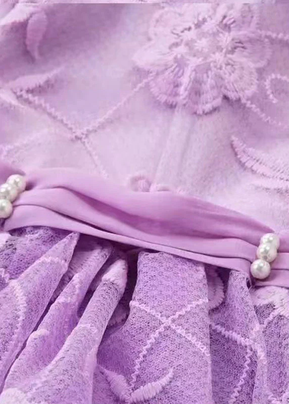 Lovely Purple Embroideried Patchwork Tulle Kids Long Dress Long Sleeve - Image 4