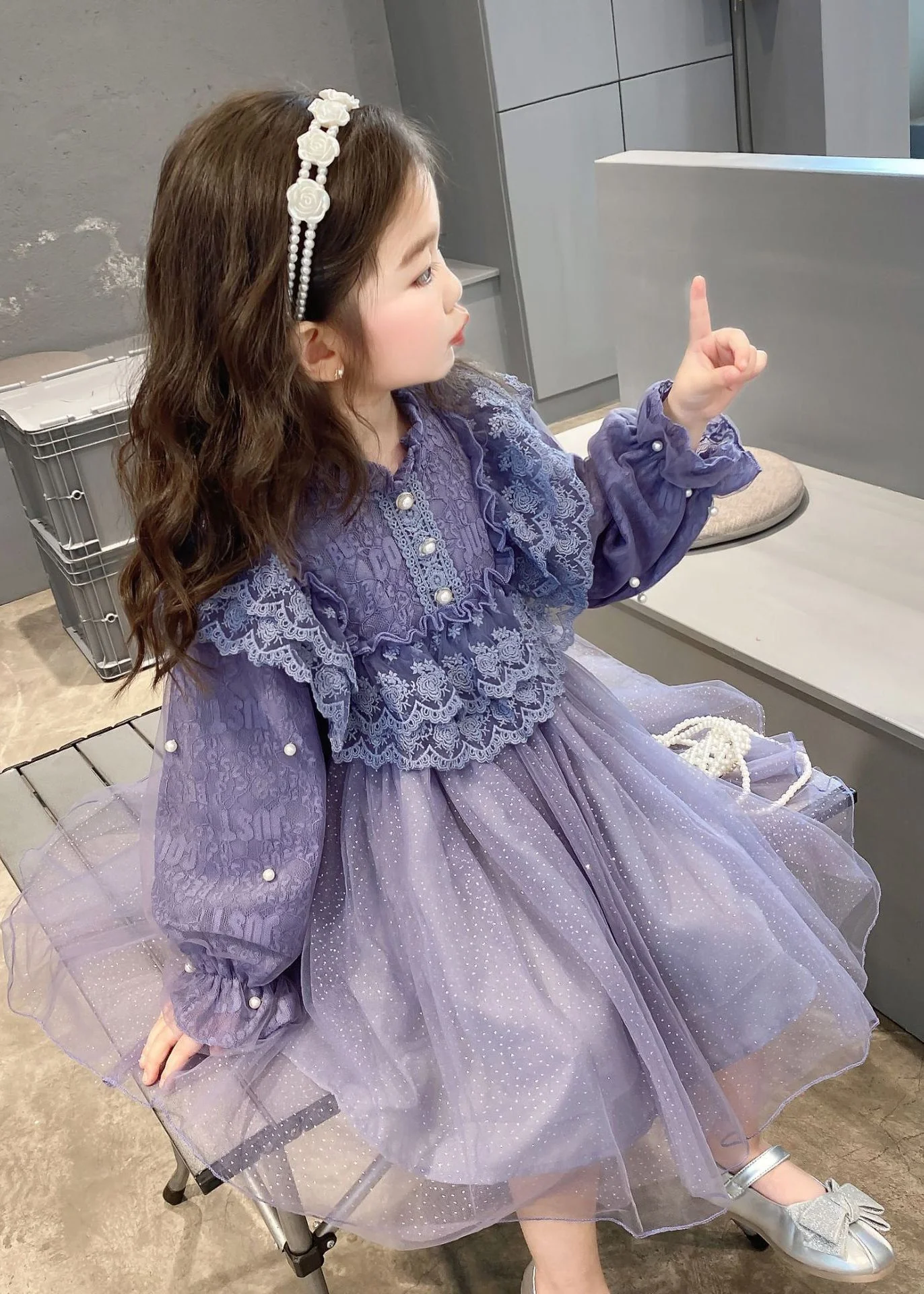 Lovely Purple Ruffled Lace Patchwork Tulle Baby Girls Dress Fall - Image 2