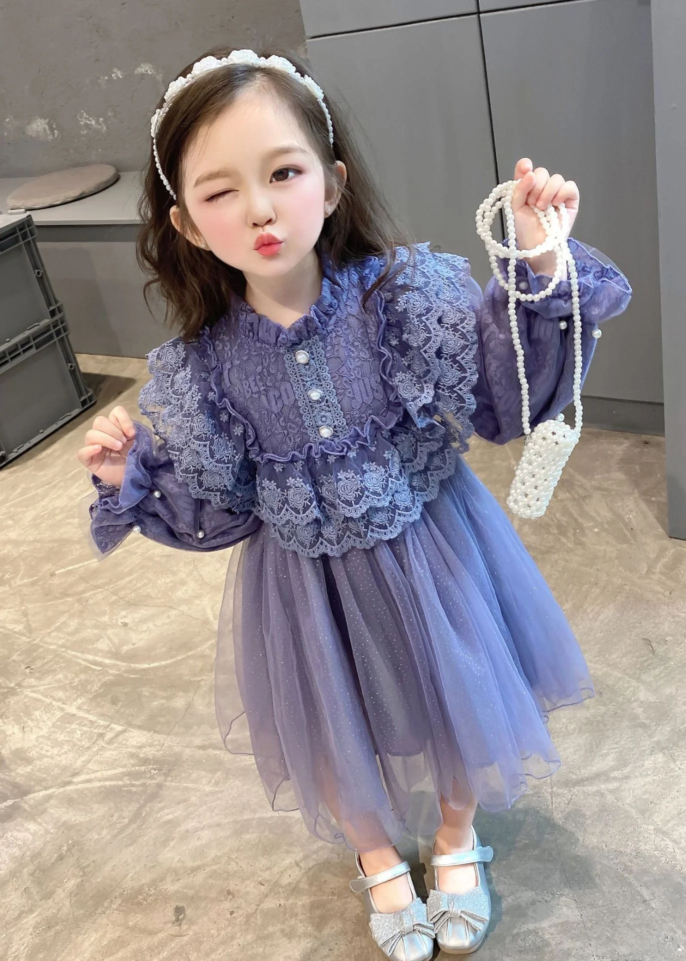 Lovely Purple Ruffled Lace Patchwork Tulle Baby Girls Dress Fall - Image 3