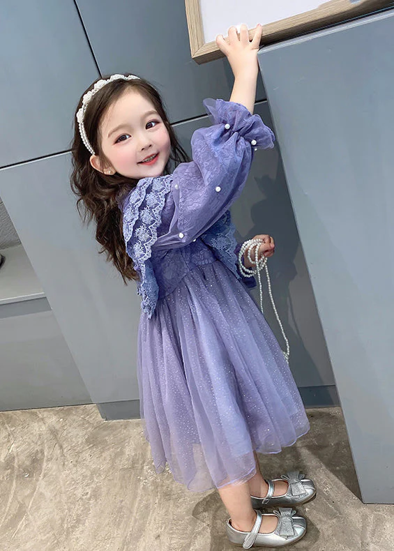 Lovely Purple Ruffled Lace Patchwork Tulle Baby Girls Dress Fall - Image 4