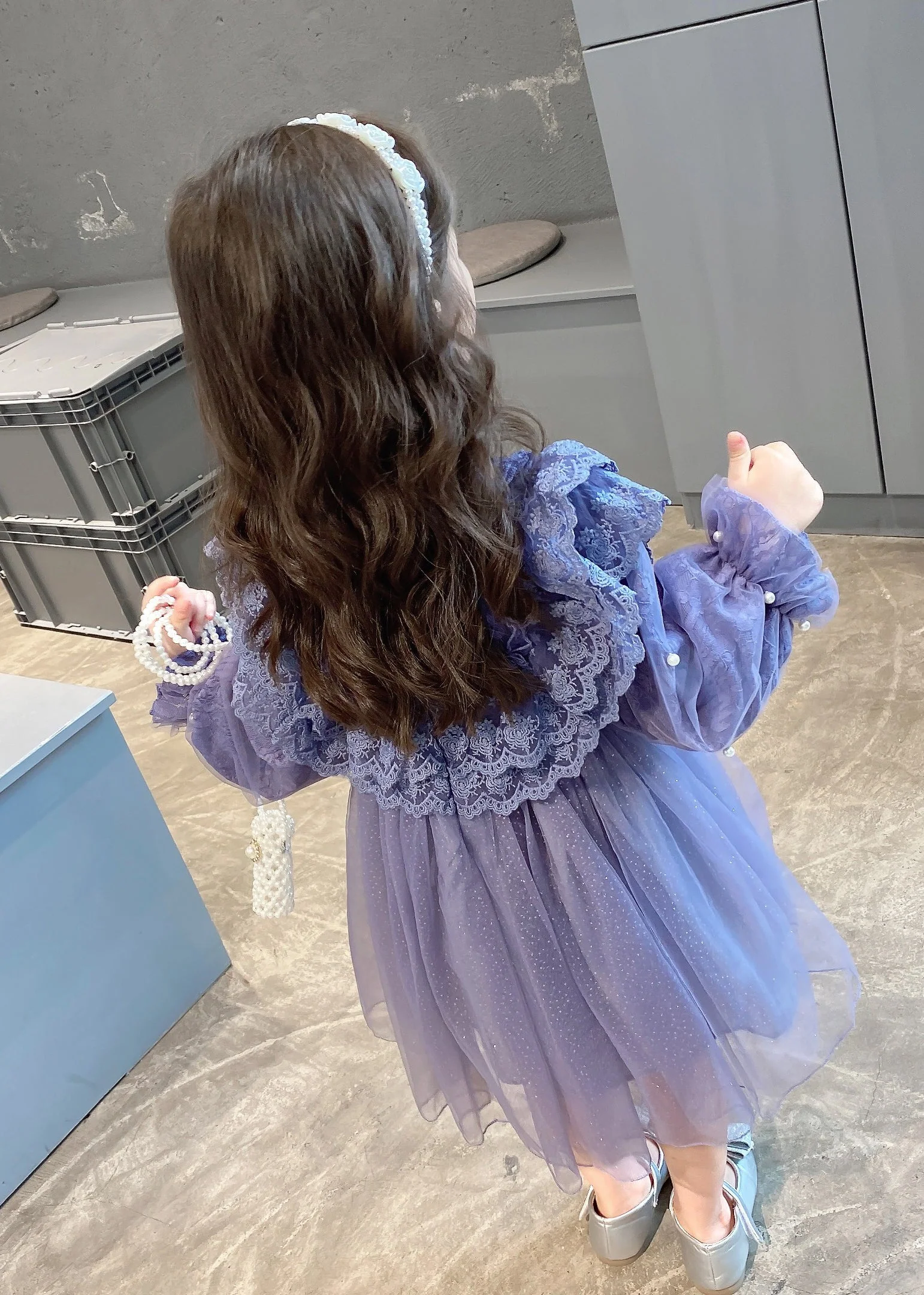 Lovely Purple Ruffled Lace Patchwork Tulle Baby Girls Dress Fall - Image 5