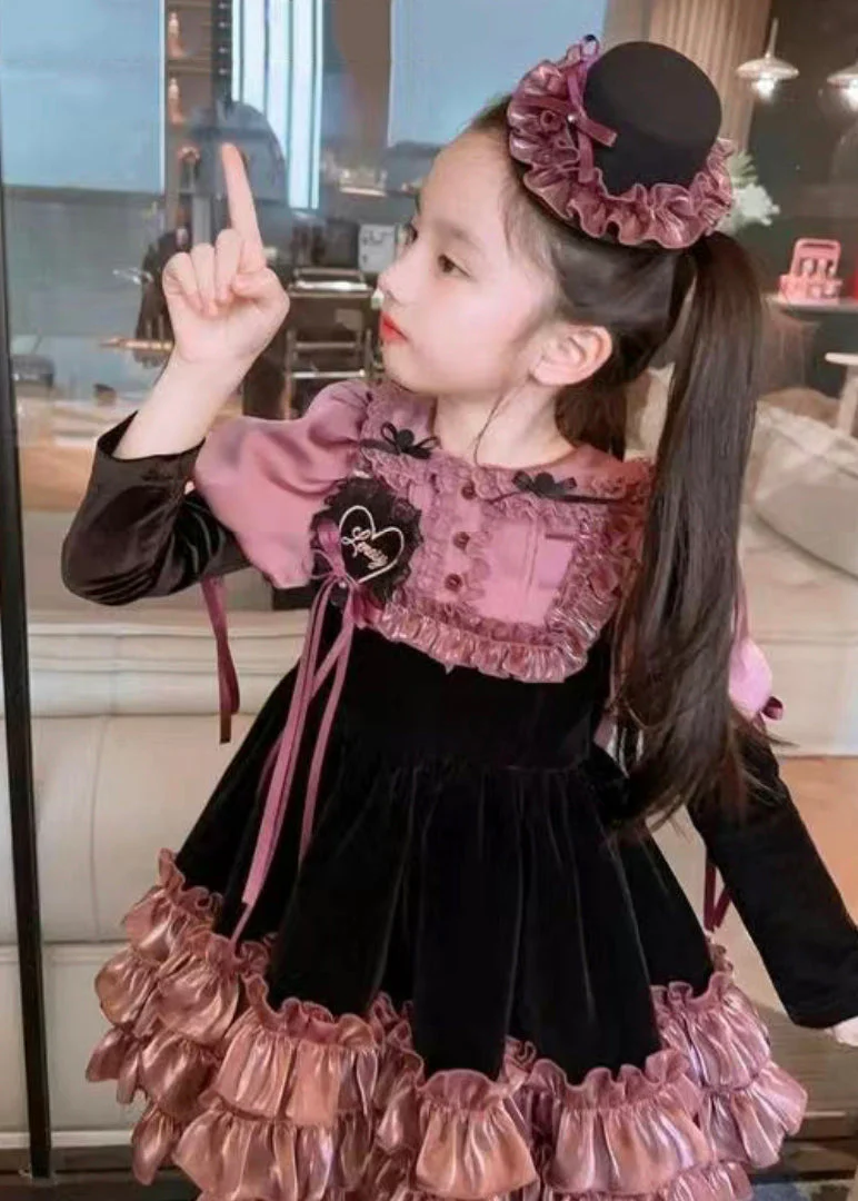 Lovely Purple Ruffled Patchwork Silk Velour Girls Mid Dress Spring - Image 2