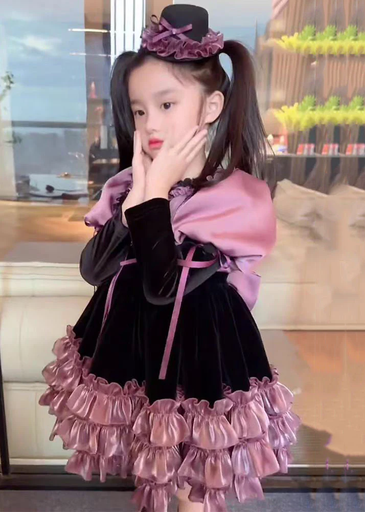 Lovely Purple Ruffled Patchwork Silk Velour Girls Mid Dress Spring - Image 3