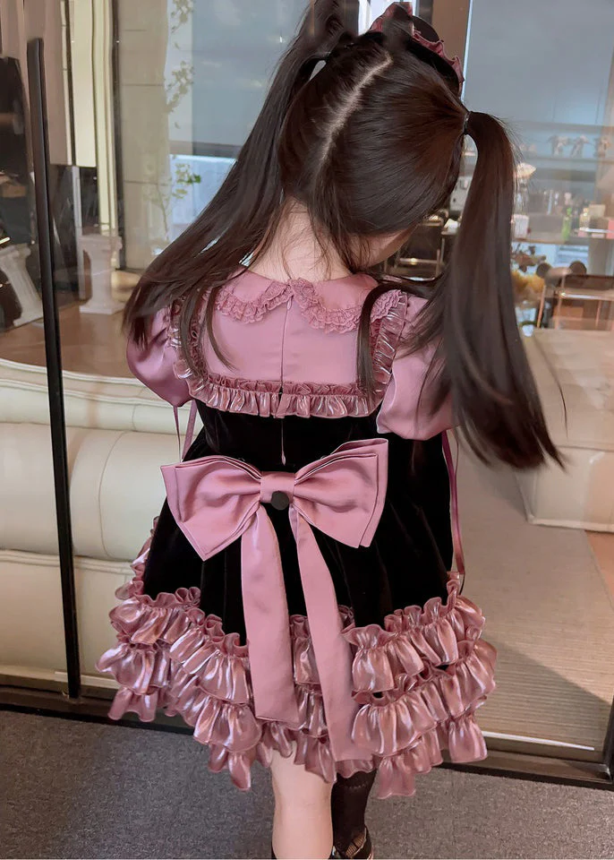 Lovely Purple Ruffled Patchwork Silk Velour Girls Mid Dress Spring - Image 5