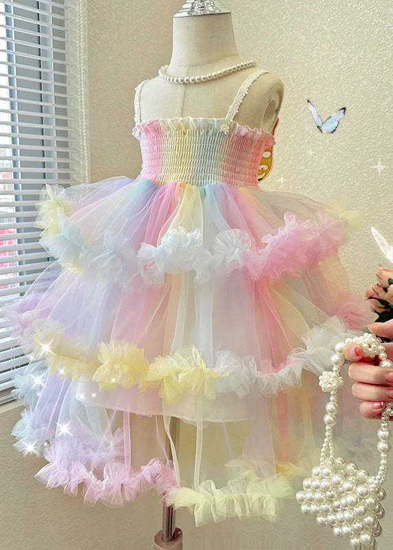 Lovely Rainbow Ruffled Layered Patchwork Tulle Baby Girls Dresses Sleeveless - Image 2