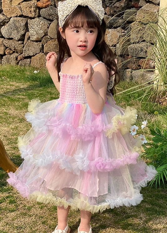 Lovely Rainbow Ruffled Layered Patchwork Tulle Baby Girls Dresses Sleeveless - Image 3