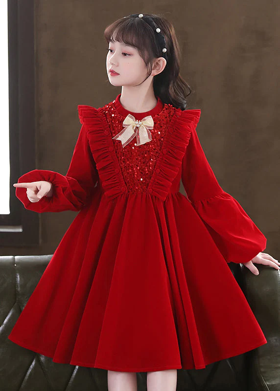 Lovely Red Ruffled Sequins Patchwork Warm Fleece Baby Girls Dress Winter - Image 2