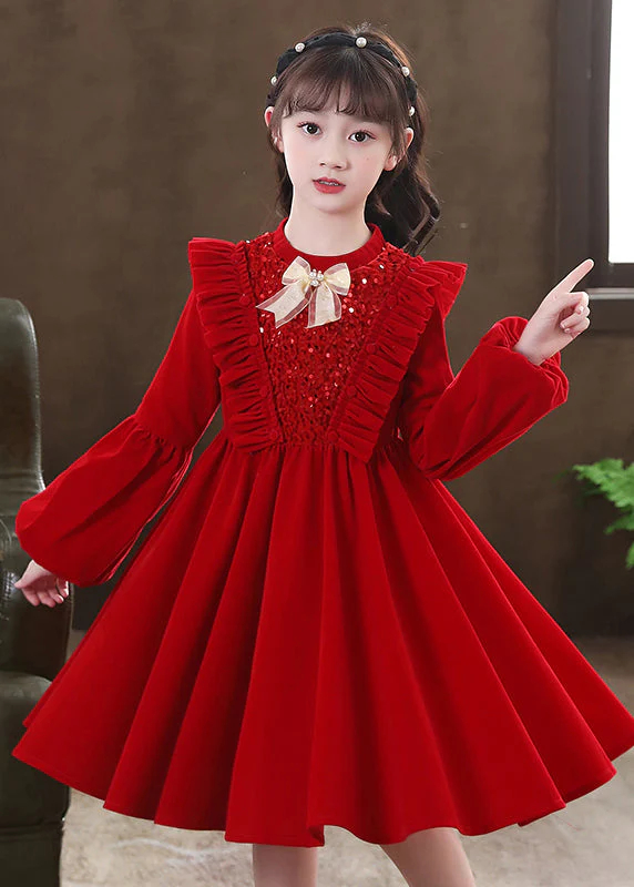 Lovely Red Ruffled Sequins Patchwork Warm Fleece Baby Girls Dress Winter - Image 3