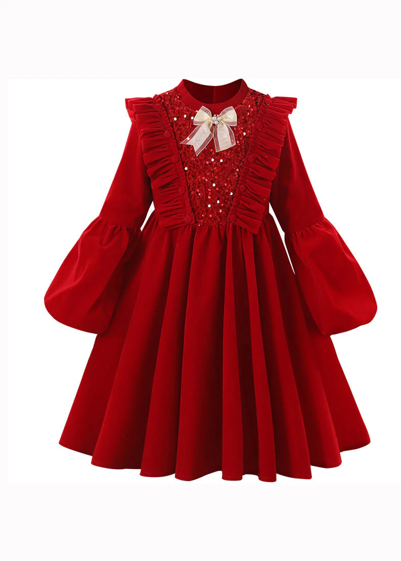 Lovely Red Ruffled Sequins Patchwork Warm Fleece Baby Girls Dress Winter - Image 5