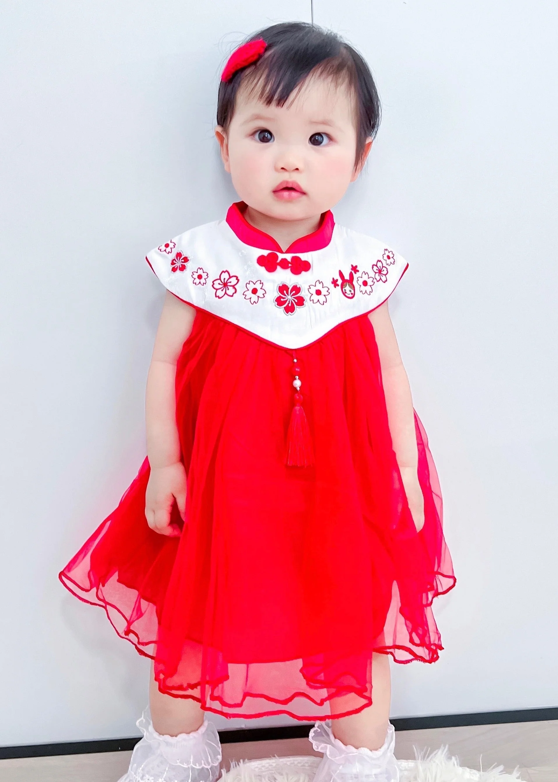 Lovely Red Stand Collar Embroideried Floral Tassel Patchwork Button Tulle Baby Long Dresses Summer - Image 2