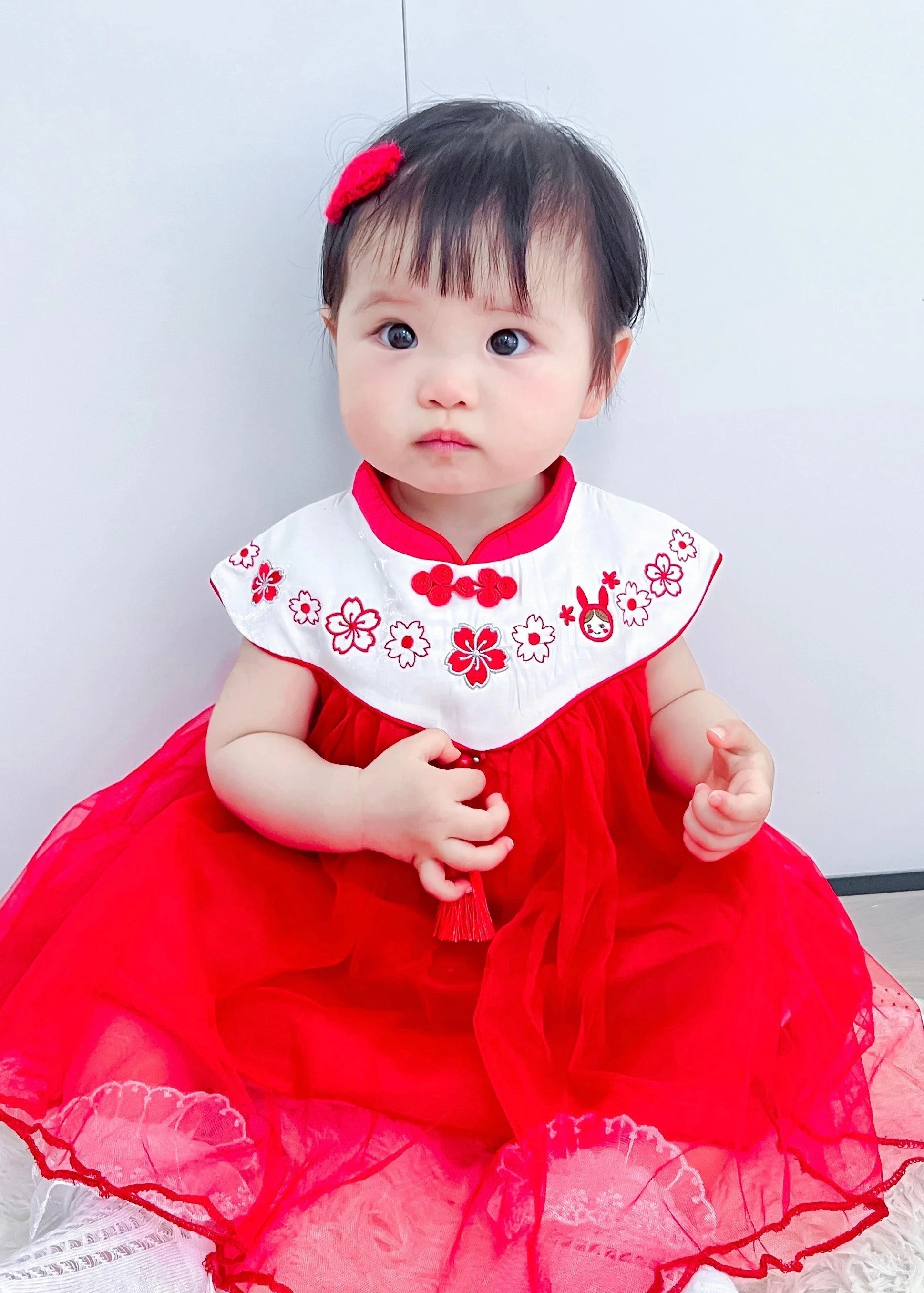 Lovely Red Stand Collar Embroideried Floral Tassel Patchwork Button Tulle Baby Long Dresses Summer - Image 3