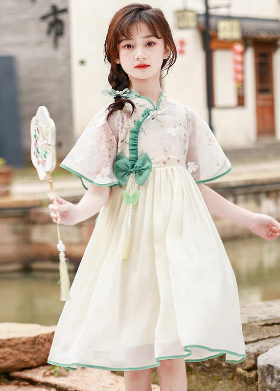 Lovely Stand Collar Ruffled Patchwork Floral Bow Tulle Kids Long Dress Short Sleeve - Image 2