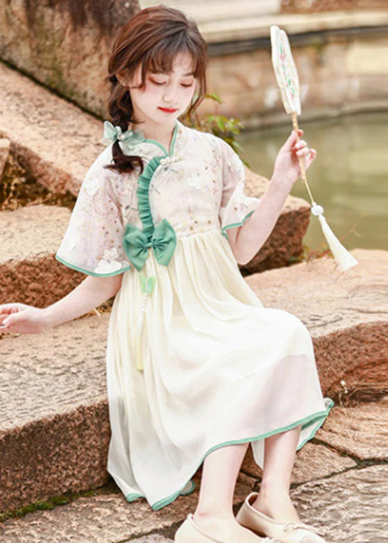 Lovely Stand Collar Ruffled Patchwork Floral Bow Tulle Kids Long Dress Short Sleeve - Image 3