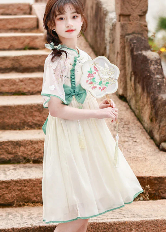 Lovely Stand Collar Ruffled Patchwork Floral Bow Tulle Kids Long Dress Short Sleeve - Image 4