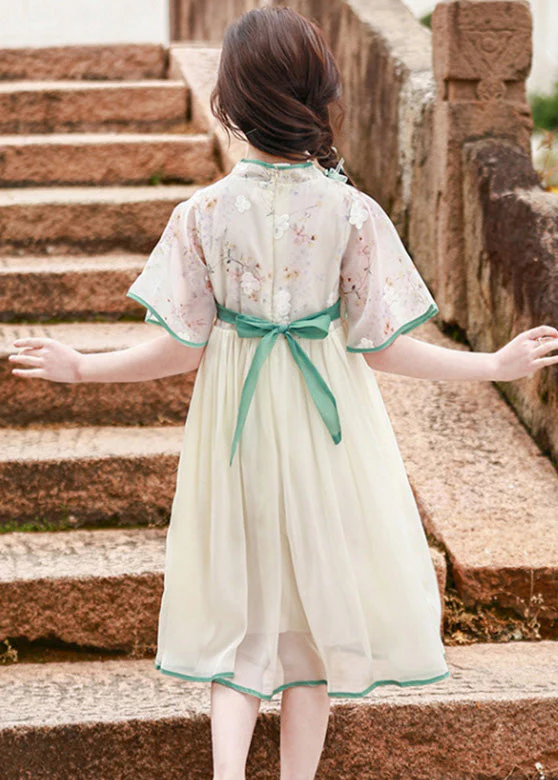 Lovely Stand Collar Ruffled Patchwork Floral Bow Tulle Kids Long Dress Short Sleeve - Image 5