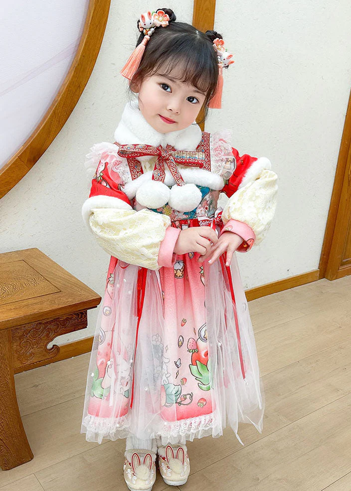 Lovely Steawberry Rabbit Print Patchwork Warm Fleece Kids Tulle Long Dress Long Sleeve - Image 2
