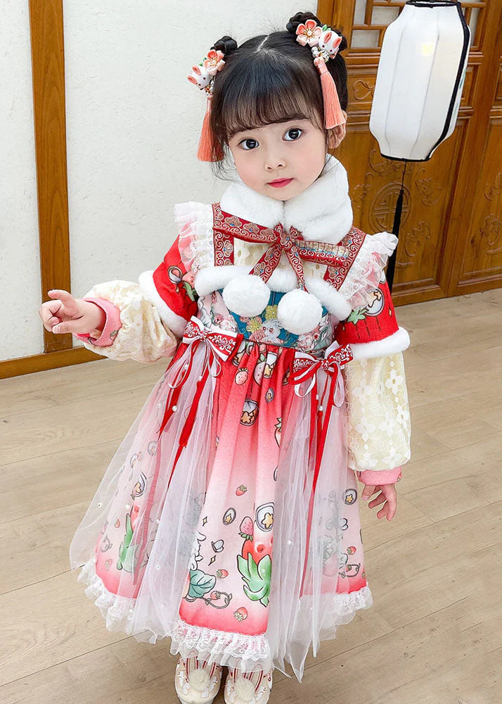 Lovely Steawberry Rabbit Print Patchwork Warm Fleece Kids Tulle Long Dress Long Sleeve - Image 3