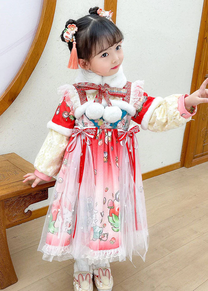 Lovely Steawberry Rabbit Print Patchwork Warm Fleece Kids Tulle Long Dress Long Sleeve - Image 4