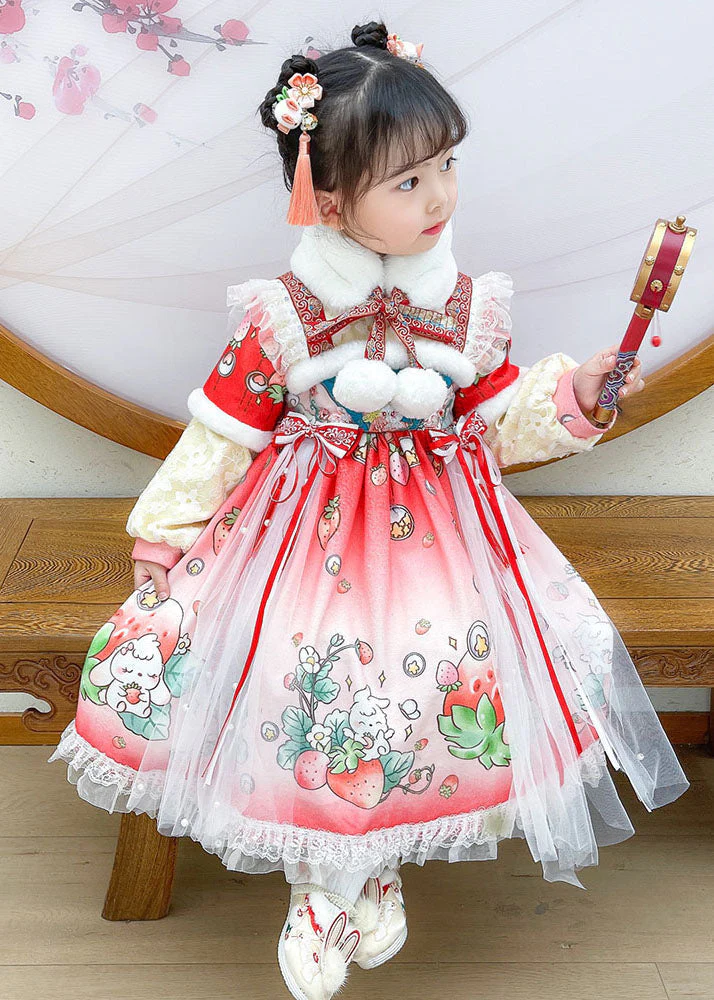 Lovely Steawberry Rabbit Print Patchwork Warm Fleece Kids Tulle Long Dress Long Sleeve - Image 5