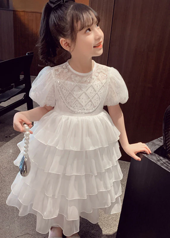 Lovely White Patchwork Sequins Tulle Kids Long Cake Dresses Summer - Image 3