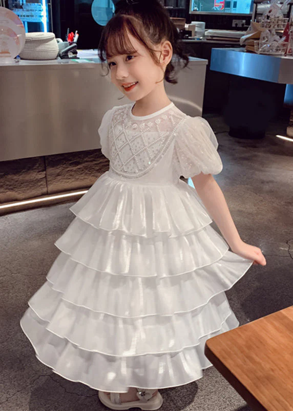 Lovely White Patchwork Sequins Tulle Kids Long Cake Dresses Summer - Image 4